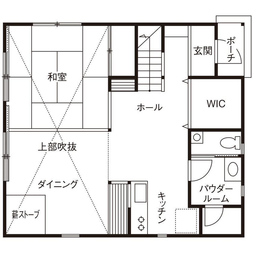 暮らしのスタジオ 【1000万円台/20坪台/高断熱】真壁づくりの美しさ、木のぬくもりが際立つ、希望した薪ストーブに癒される家の間取り図（2LDK）1階
