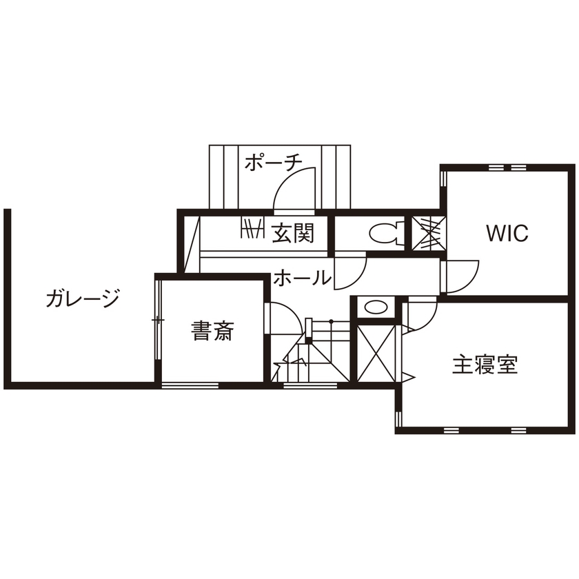 暮らしのスタジオ 【2000万円台/32坪/ガレージハウス/間取り図】大好きなバイクをいつでも見守れる、2階LDKの癒しの木の家の間取り図（1LDK＋書斎＋家事室）1階