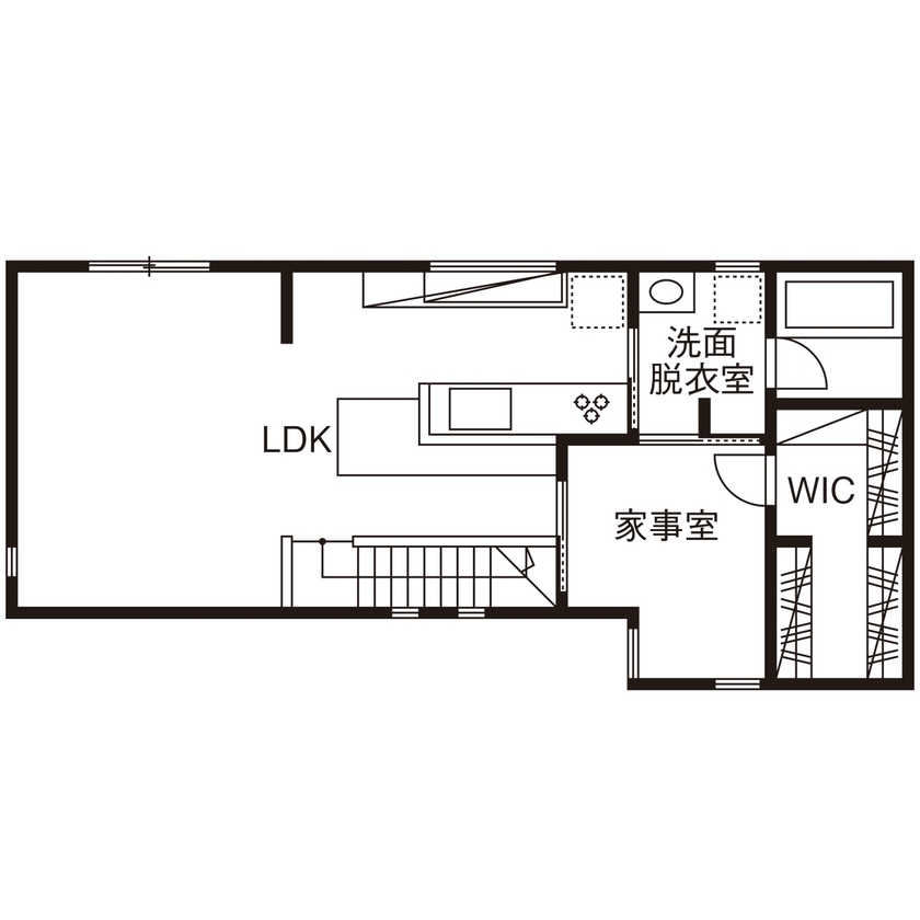 暮らしのスタジオ 【2000万円台/32坪/ガレージハウス/間取り図】大好きなバイクをいつでも見守れる、2階LDKの癒しの木の家の間取り図（1LDK＋書斎＋家事室）2階