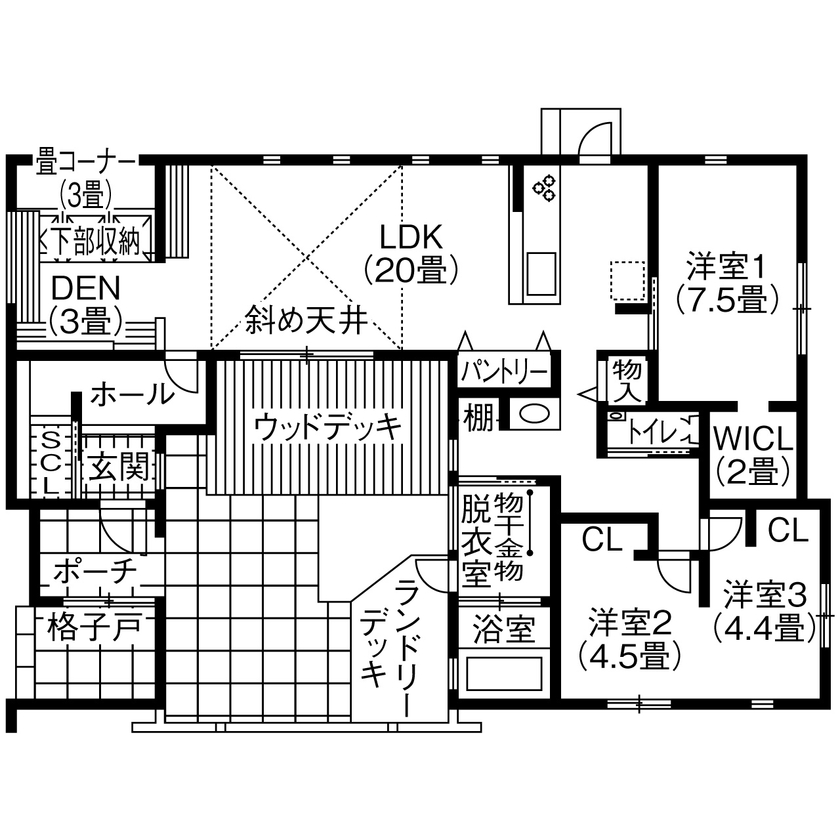 ＋RICCO　一級建築士事務所 【33坪/平屋×中庭/間取図有/2000万円台】プライバシーが守られる、アウトドアリビングと書斎のある平屋の間取り図（2LDK＋DEN）1階