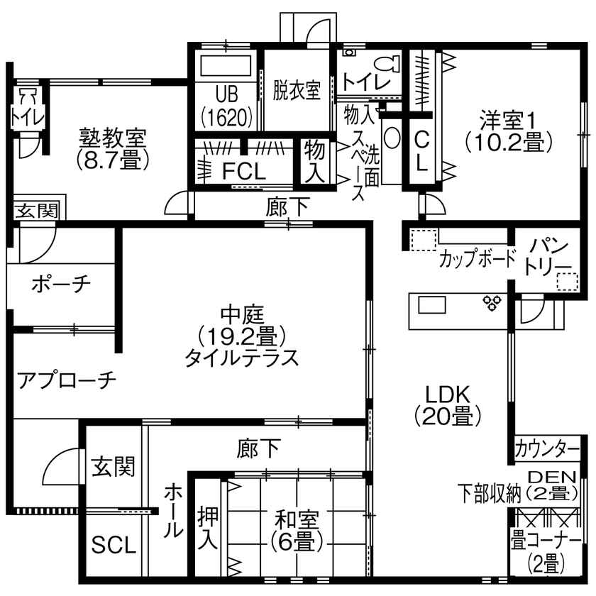＋RICCO　一級建築士事務所 【40.8坪／平屋×中庭／間取図有】カーテン要らずの開放的な室内と存在感あふれる外観が魅力の間取り図（3LDK）1階