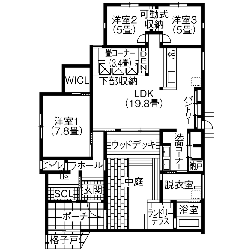 ＋RICCO　一級建築士事務所 【32坪/平屋×中庭/間取図有/2500万円～2999万円】陽光溢れる開放的な平屋で、夫婦ふたりの穏やかな時間をの間取り図（3LDK）1階