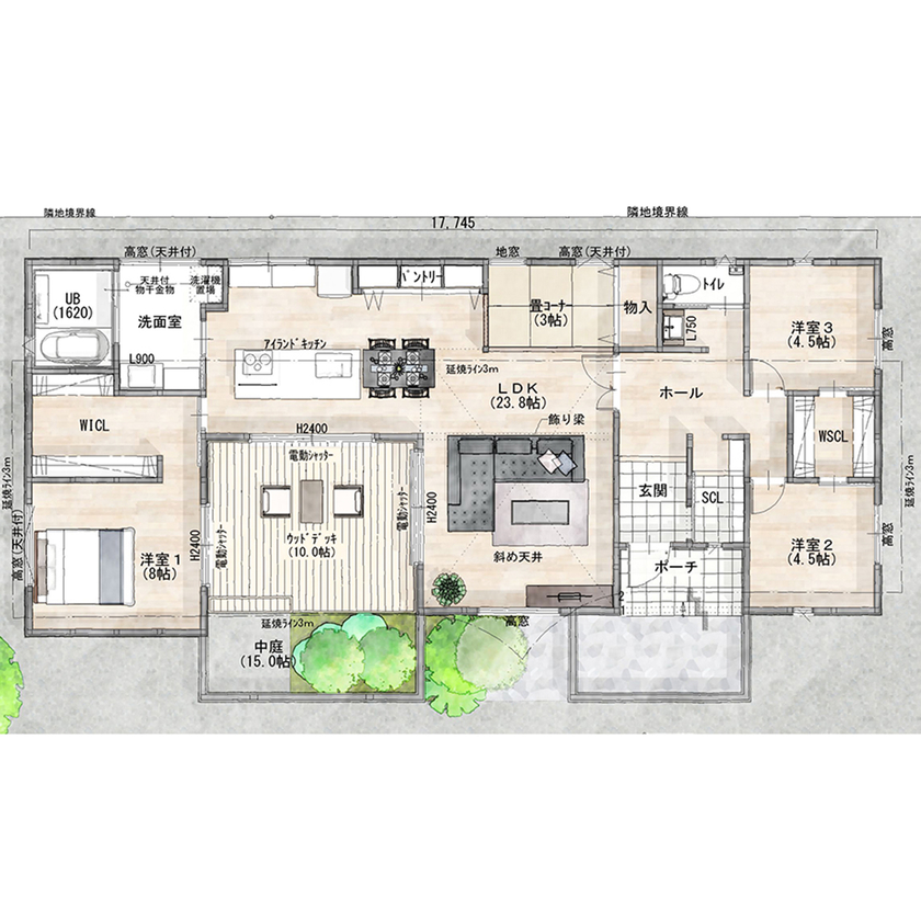 ＋RICCO　一級建築士事務所 【33坪/平屋×中庭/間取図有/2500万円～2999万円】プライベート感と開放感を両立させたコの字の平屋の間取り図（3LDK＋中庭）1階