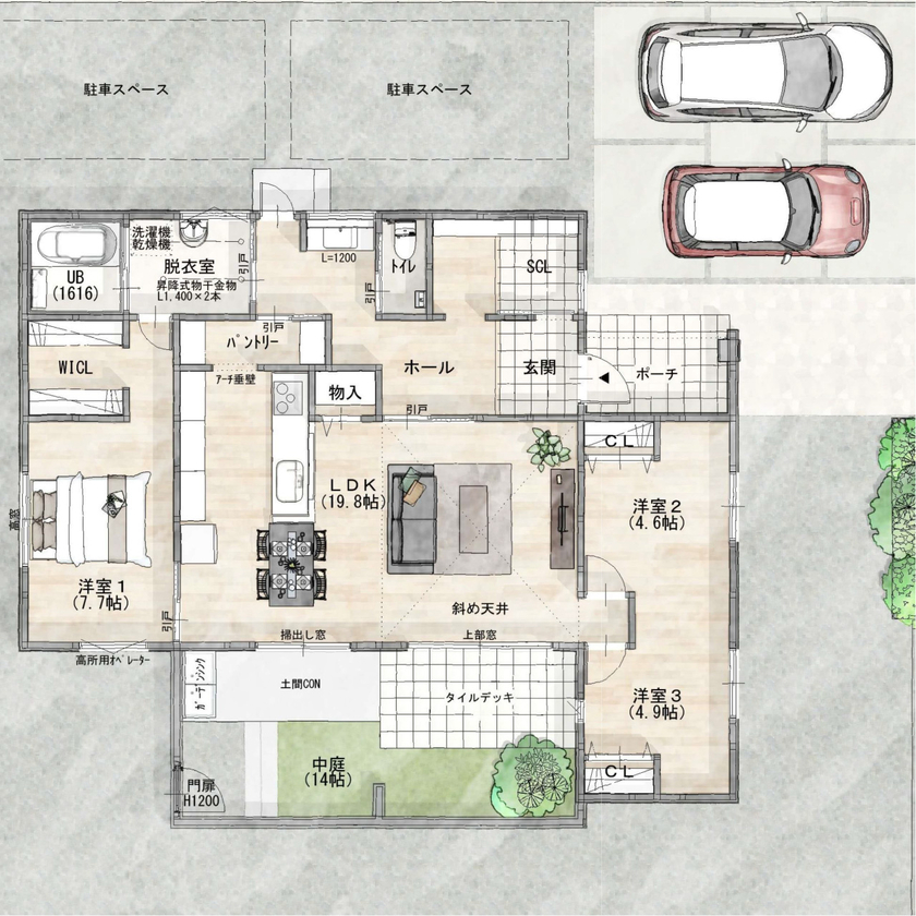 ＋RICCO　一級建築士事務所 【29坪/平屋×中庭/間取り図有/2000万円～2499万円】高低差のある敷地を有効活用したプラン提案が決め手にの間取り図（2LDK／3LDK対応）1階