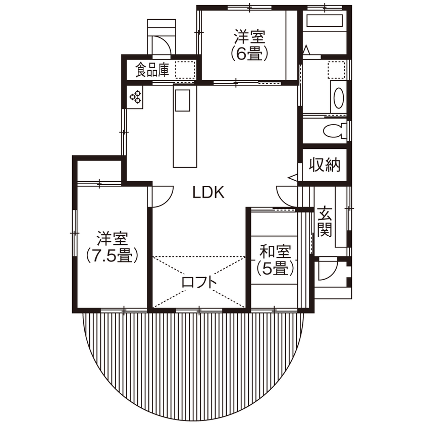 高橋材木店 タカハシホーム 【白石市/1900万円台】三角形の敷地を有効活用した平屋。子どもの感性をのばす、自然素材たっぷりの住まいの間取り図（3LDK）1階