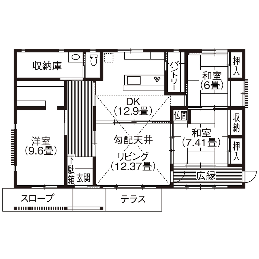 高橋材木店 タカハシホーム 【福島県相馬郡／3000～3099万円】親子２人が健やかに暮らす、上品な和風の平屋の間取り図（3LDK）1階