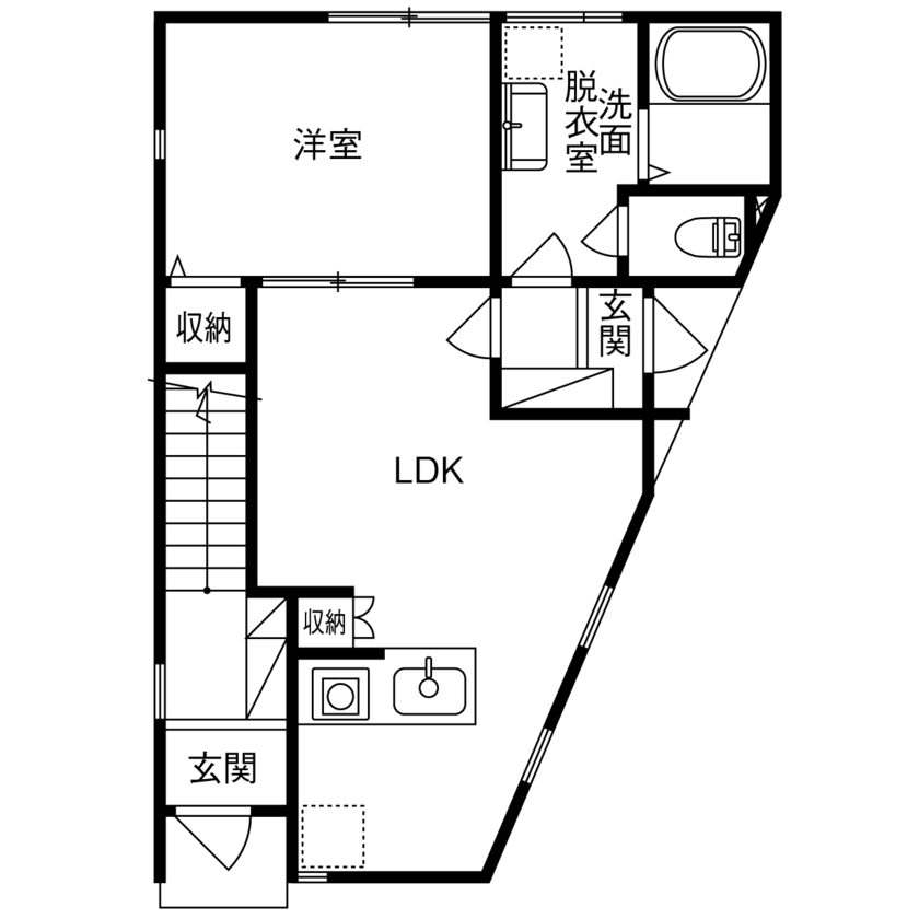 トーヨー冨士工 【2000万円台/18坪/狭小地/二世帯/間取り図有】将来の住まいを見据えた完全分離型の二世帯住宅の間取り図（1LDK+1LDK+納戸）1階