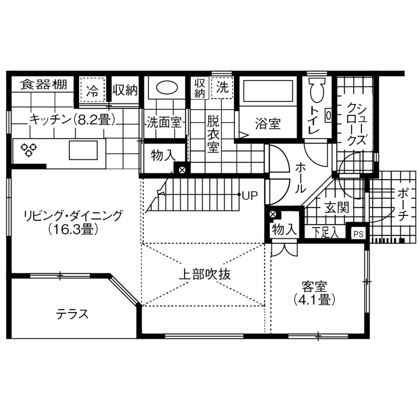 アイザワホーム 【札幌市×2LDK間取り図】吹抜とスケルトン階段がつくりだす圧巻のスケール感。意匠性の高いデザインに魅了の間取り図（2LDK+フリースペース）1階