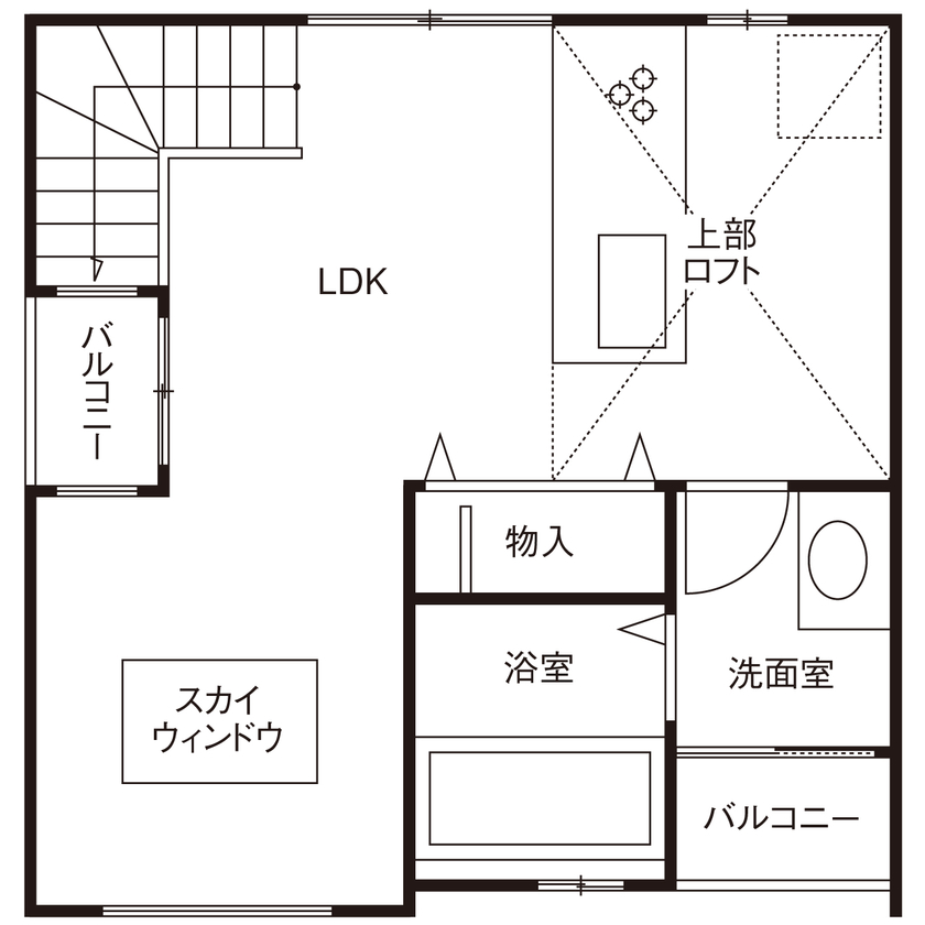 １００年住宅のゼロホーム 1000万円台・京都市｜ゼロホームの経験と技術が結集した14坪の狭小住宅｜間取り有の間取り図（2LDK）2階