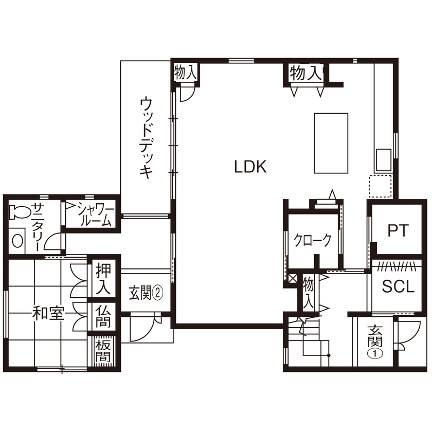 １００年住宅のゼロホーム 2000万円台・大津市｜３つの白い箱を組み合わせた美しい外観。２つの玄関で快適な帰宅動線を実現｜間取り有の間取り図（4LDK）1階