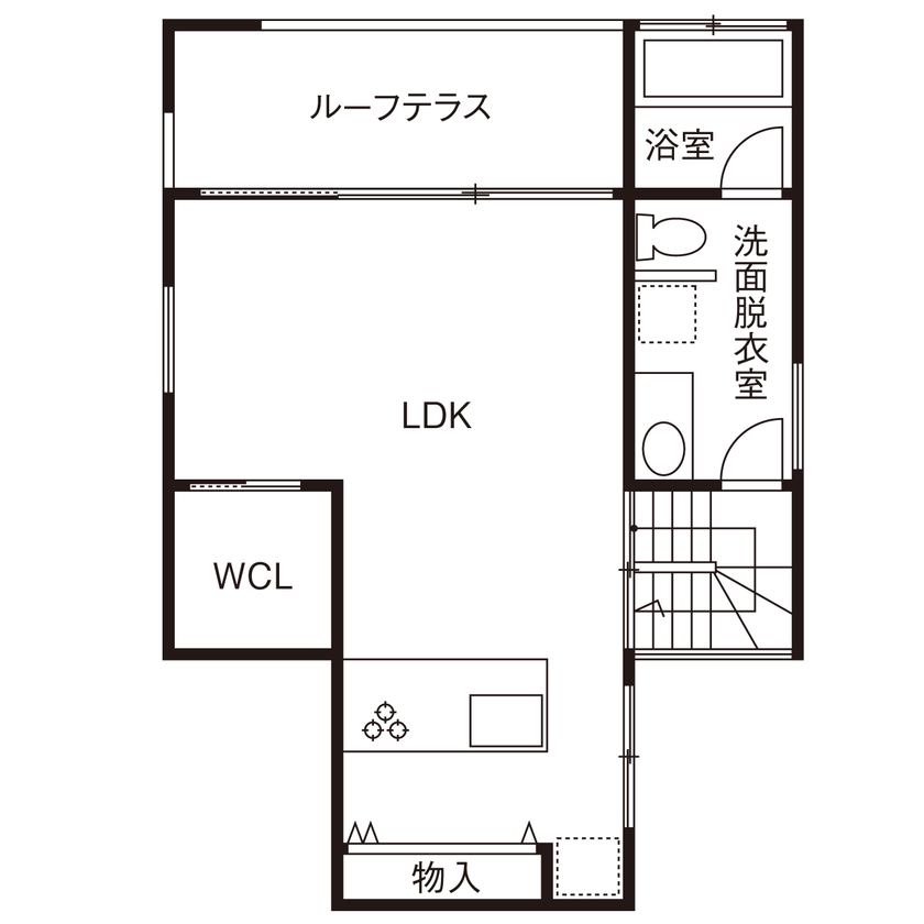 １００年住宅のゼロホーム 1000万円台・枚方市｜高低差を生かし多彩な空間を創り出したモノトーンの美しい家｜間取り有の間取り図（2LDK＋S）2階