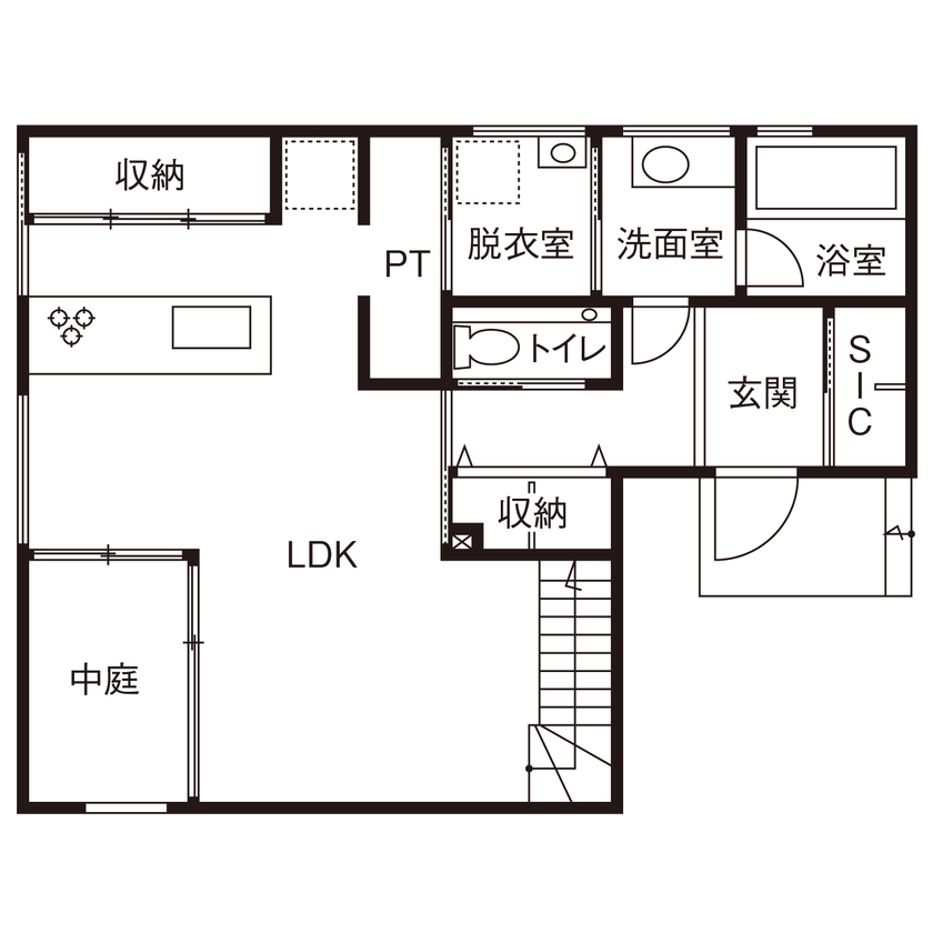１００年住宅のゼロホーム 2000万円台・京都市｜異なる外壁材を組み合わせて個性を演出。中庭から光を採り込んだハコの家｜間取り有の間取り図（3LDK）1階