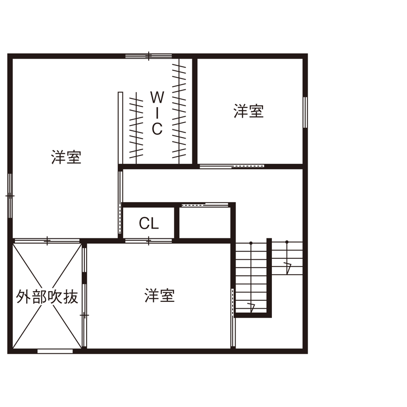 １００年住宅のゼロホーム 2000万円台・京都市｜異なる外壁材を組み合わせて個性を演出。中庭から光を採り込んだハコの家｜間取り有の間取り図（3LDK）2階