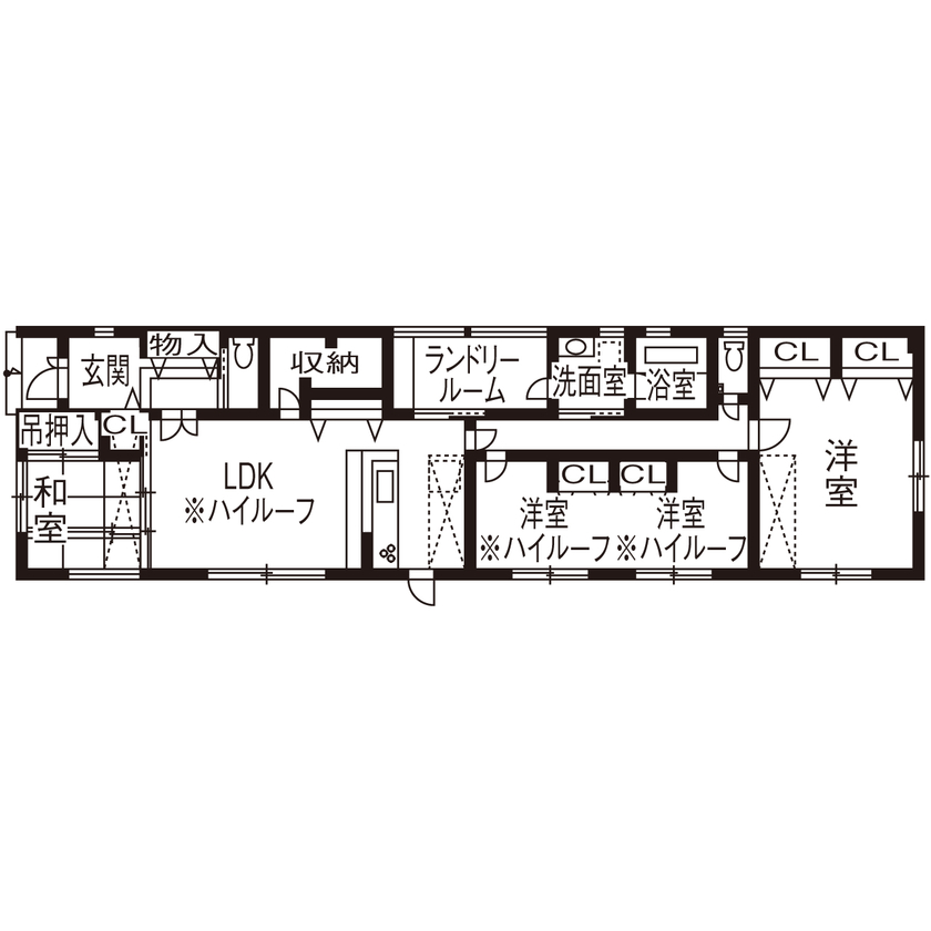 １００年住宅のゼロホーム 摂津市｜６mの高天井で格別の開放感を演出。憧れのログハウスを思わせるカジュアルデザインの平屋の間取り図（3LDK）1階