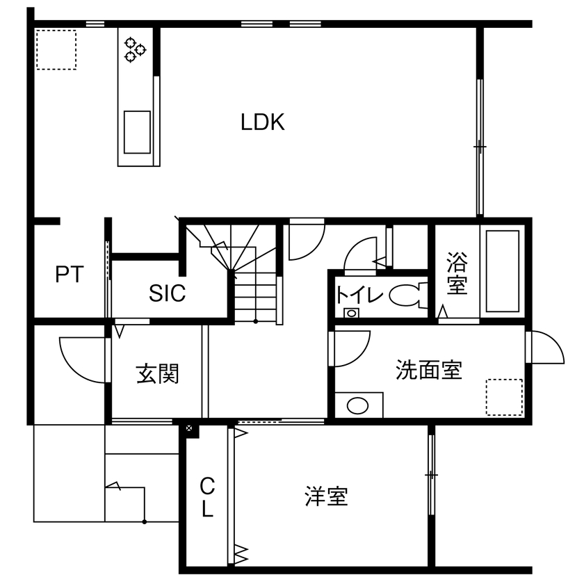 １００年住宅のゼロホーム 2000万円台・草津市｜2度目の家づくりで叶えた、邸宅感のある重厚なデザインの家｜間取り有の間取り図（4LDK）1階