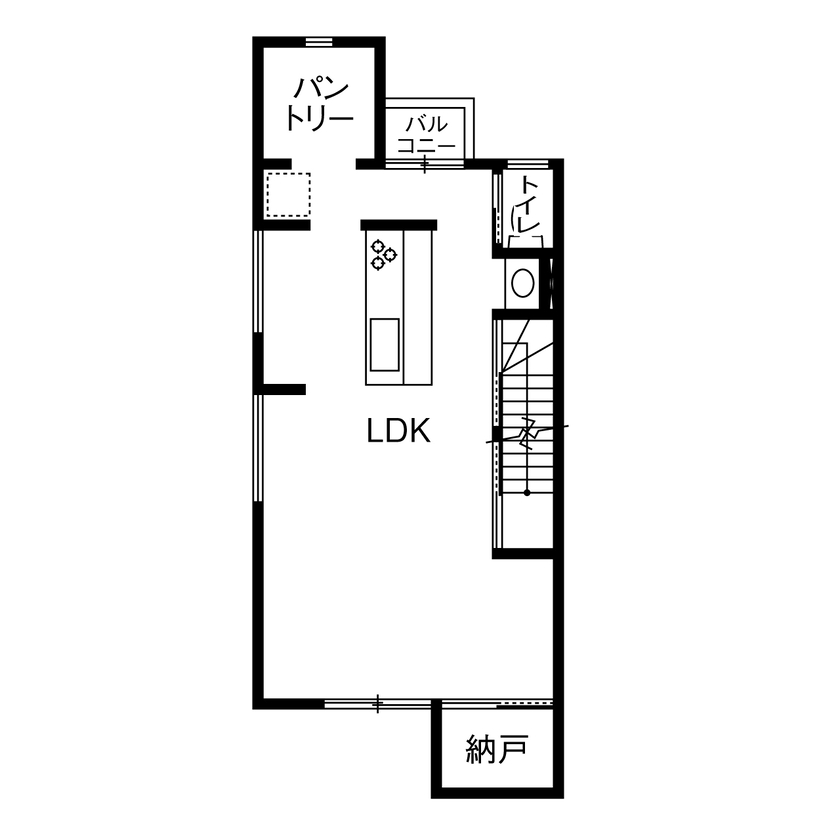 １００年住宅のゼロホーム 2000万円台・京都市｜18.9坪の狭小＆変形三角地に建てたHEAT20 G1グレードの住宅｜間取り有の間取り図（2LDK）2階