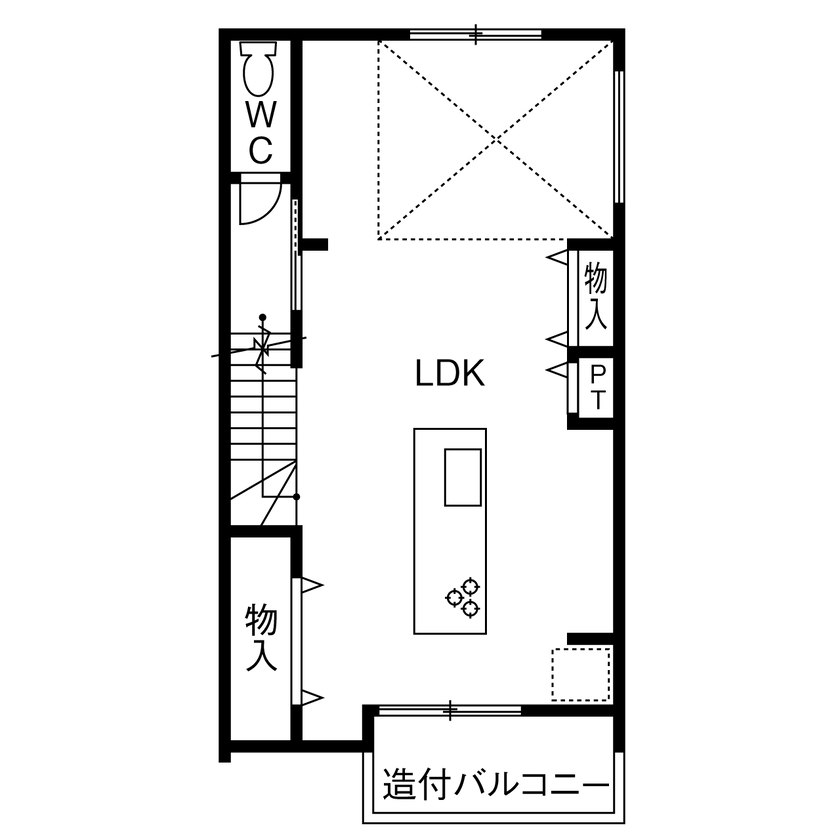 １００年住宅のゼロホーム 2000万円台・京都市｜24.9坪の細長敷地に吹抜けの開放感が広がる2階リビングの家｜間取り有の間取り図（3LDK）2階