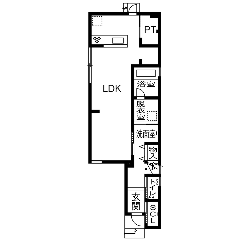 １００年住宅のゼロホーム 2000万円台・京都市｜壁に囲われたルーフテラスで家族や愛犬とアウトドア気分を味わえる家｜間取り有の間取り図（3LDK）1階