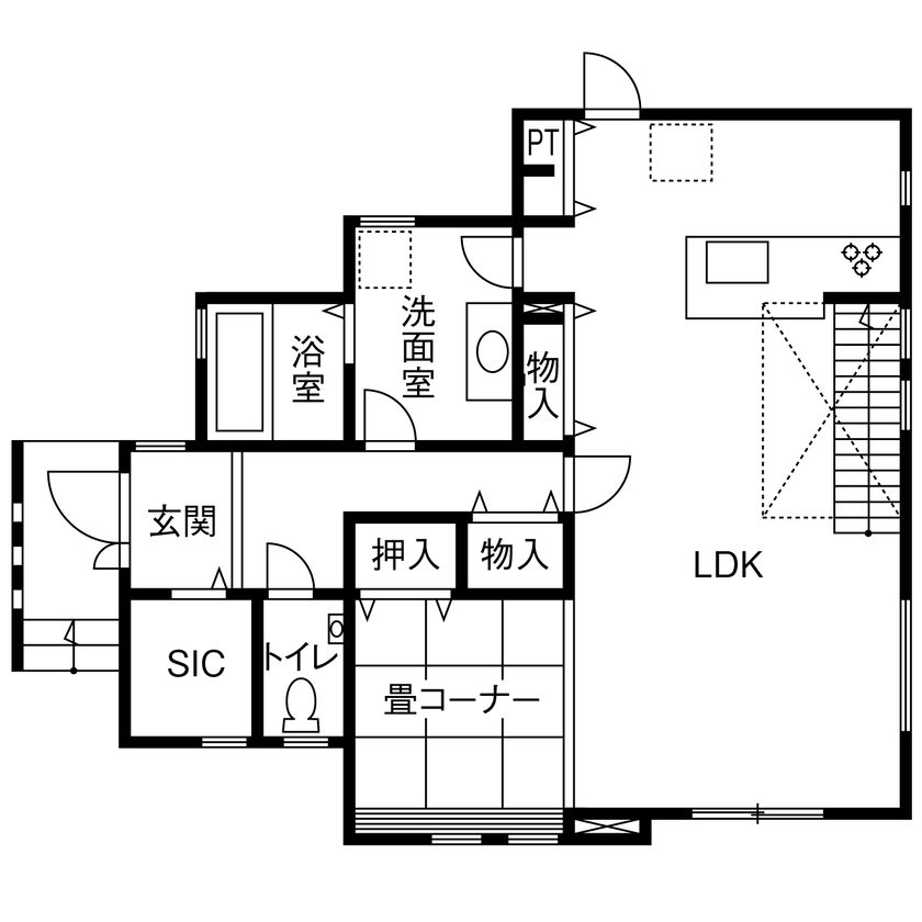 １００年住宅のゼロホーム 2000万円台・宝塚市｜木に包まれた空間にアイアンの稲妻階段が映える。素材にこだわって建てた家｜間取り有の間取り図（3LDK）1階