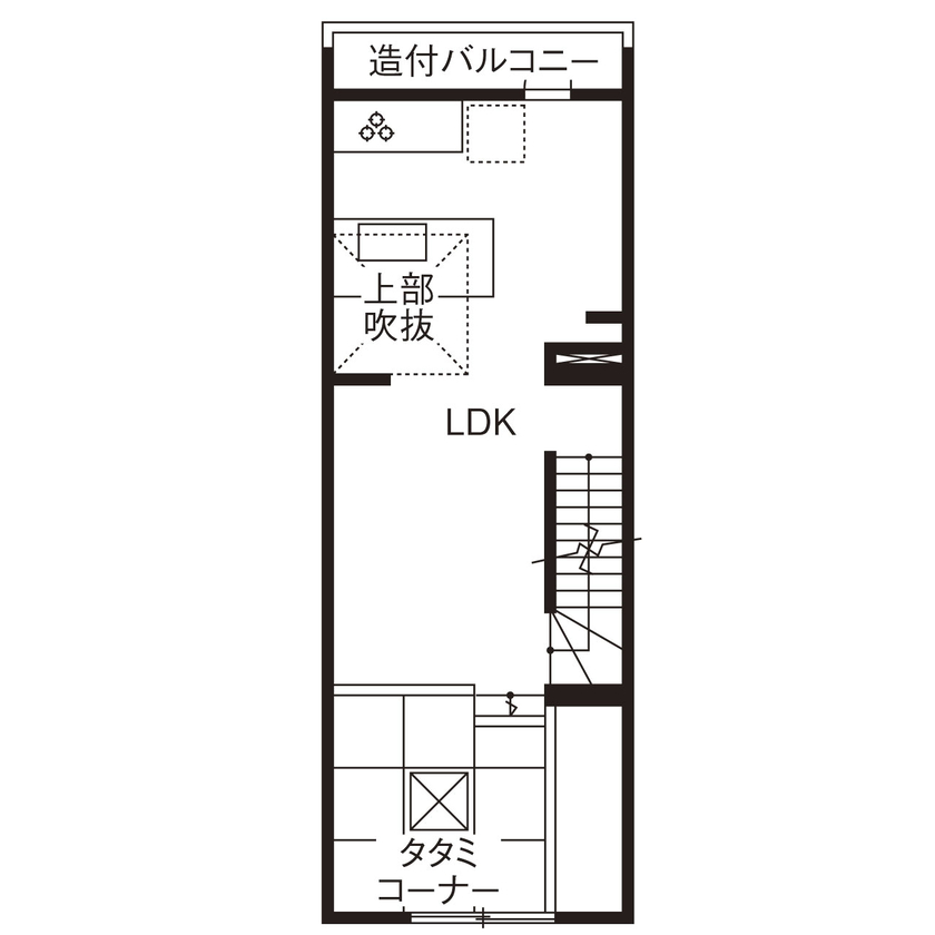 １００年住宅のゼロホーム 3000万円台・大阪市｜広がりと開放感、趣味の時間を楽しむ余白も叶えた敷地14坪狭小3階建ての家｜間取り有の間取り図（3LDK＋タタミコーナー）2階