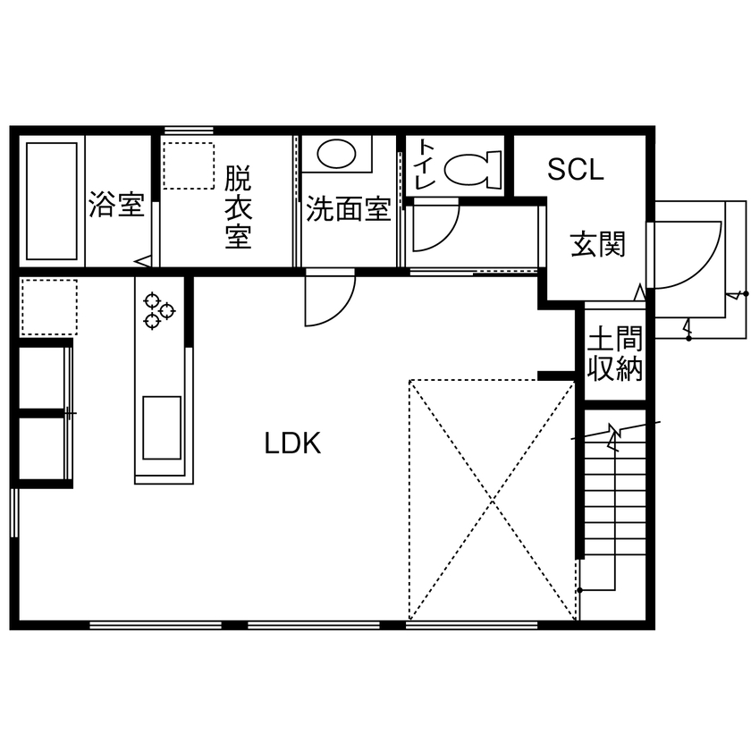 １００年住宅のゼロホーム 2000万円台・枚方市｜周囲の豊かな自然の景色を取り込んだ美しい黒いハコの家｜間取り有の間取り図（3LDK）1階