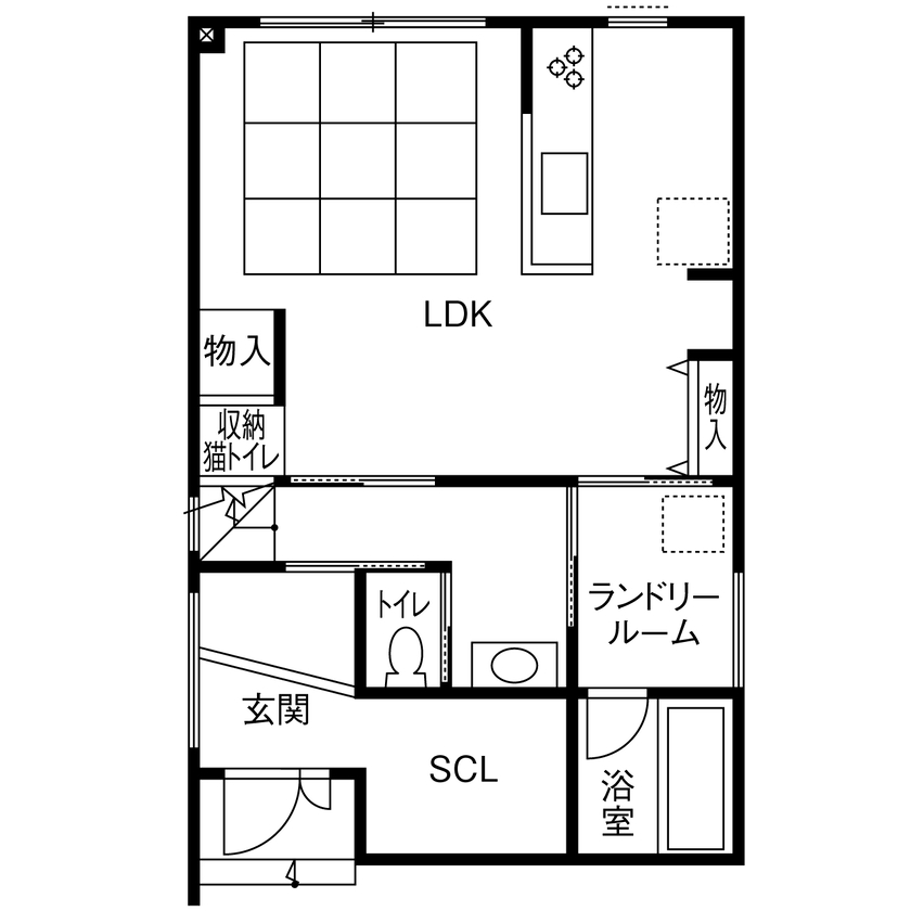 １００年住宅のゼロホーム 2000万円台・寝屋川市｜HEAT20 G1グレードで24時間換気。猫と楽しく快適に暮らせる家｜間取り有の間取り図（3LDK）1階