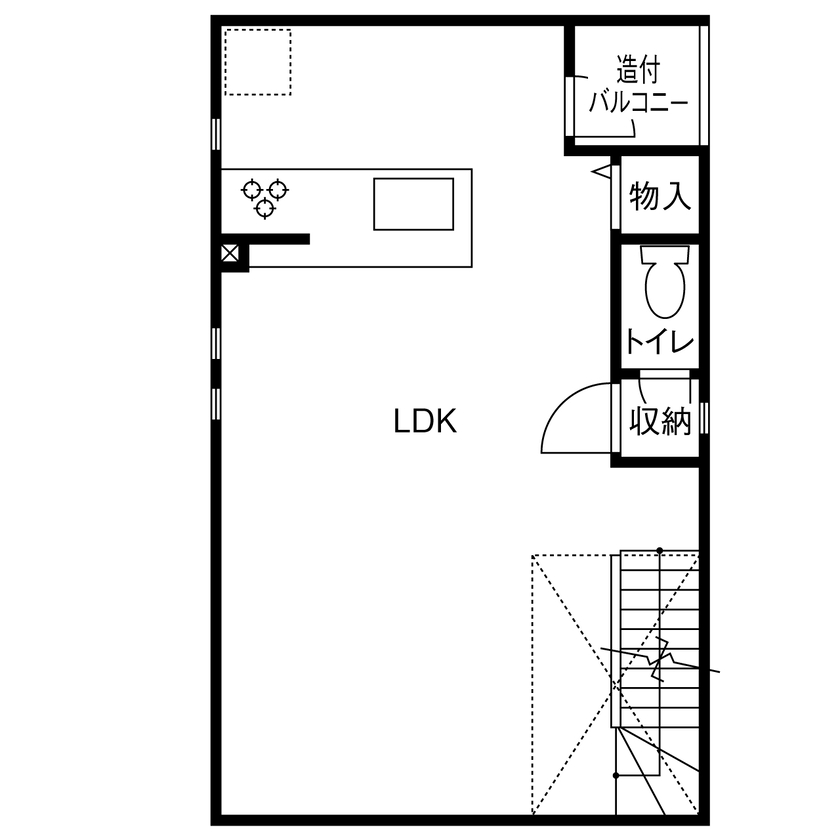１００年住宅のゼロホーム 2000万円台・大阪市｜モノトーンの美しさが隅々まで行きわたる敷地20坪以下の3階建て狭小住宅｜間取り有の間取り図（3LDK）2階
