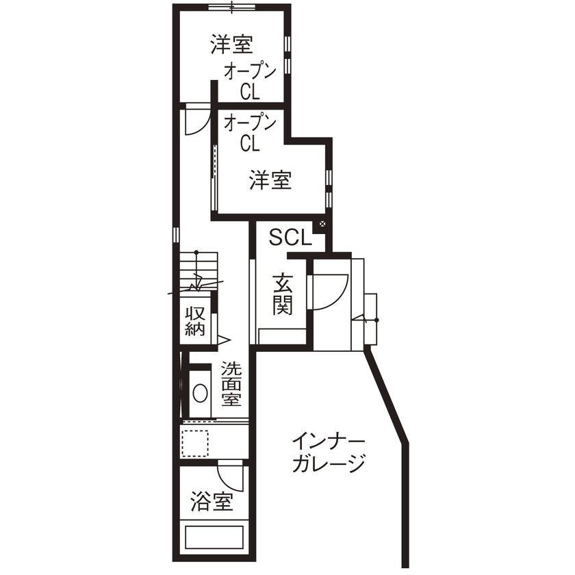 １００年住宅のゼロホーム 4000万円台・京都市｜モダンで心地いい広々LDKやインナーガレージを叶えた敷地24坪3階建ての家｜間取り有の間取り図（4LDK）1階