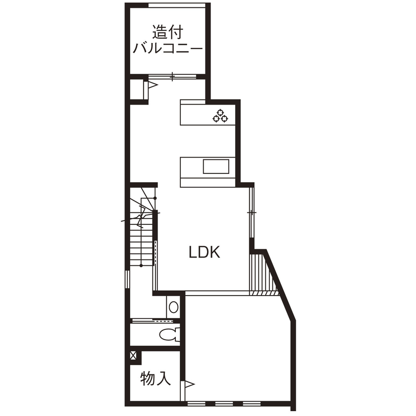 １００年住宅のゼロホーム 4000万円台・京都市｜モダンで心地いい広々LDKやインナーガレージを叶えた敷地24坪3階建ての家｜間取り有の間取り図（4LDK）2階