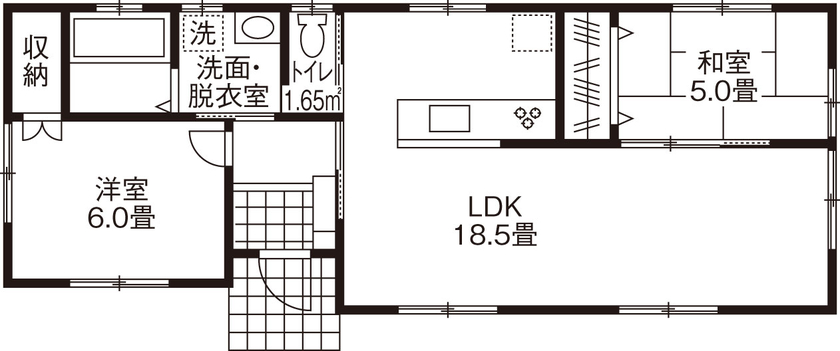 ミラクルホーム 将来を考えて選んだ「平屋」　床はフラット天井は立体的にの間取り図（2LDK）1階