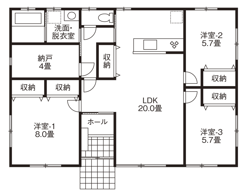 ミラクルホーム 【平屋】明るく開放的なリビングを中心に、各部屋か近く家族の一体感がある平屋の間取り図（3LDK+N ）1階