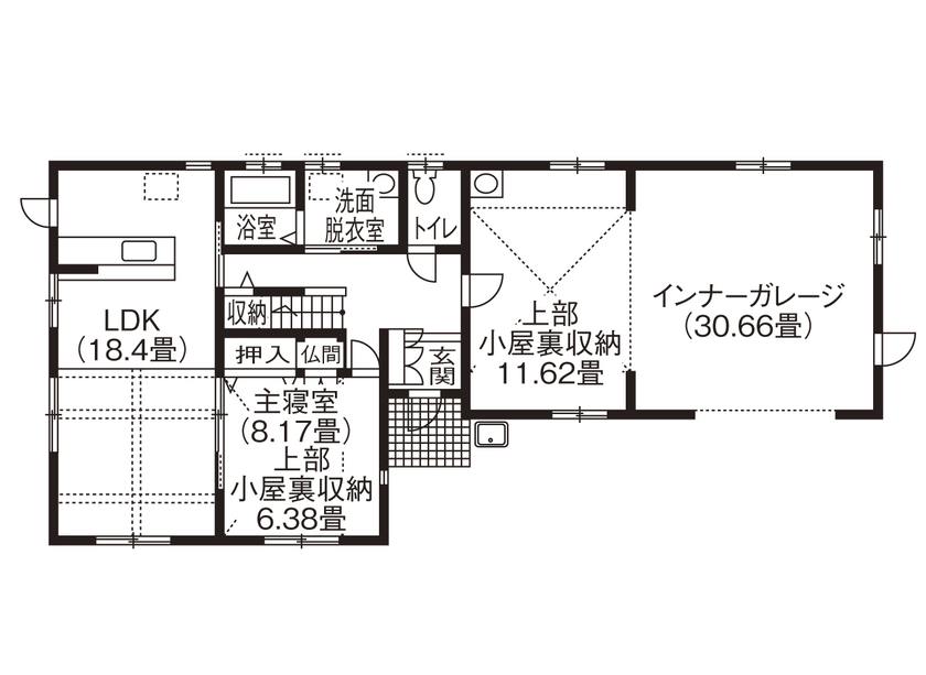 ミラクルホーム 自然や家族を身近に感じる平屋。広いインナーガレージを利用して趣味も満喫【1260万円】の間取り図（1LDK+小屋裏収納）1階