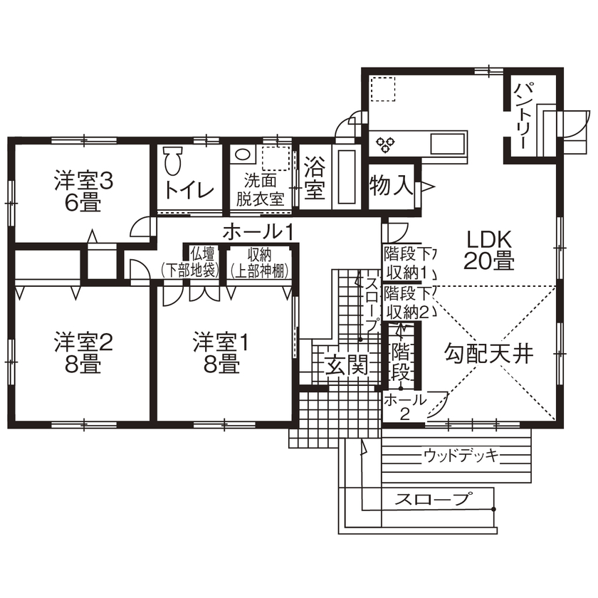 ミラクルホーム 【平屋/バリアフリー/ロフト/間取り図有】スタイリッシュな屋根の外観、隠れ家で好きな物に囲まれて過ごすの間取り図（３LDK+ロフト）１階