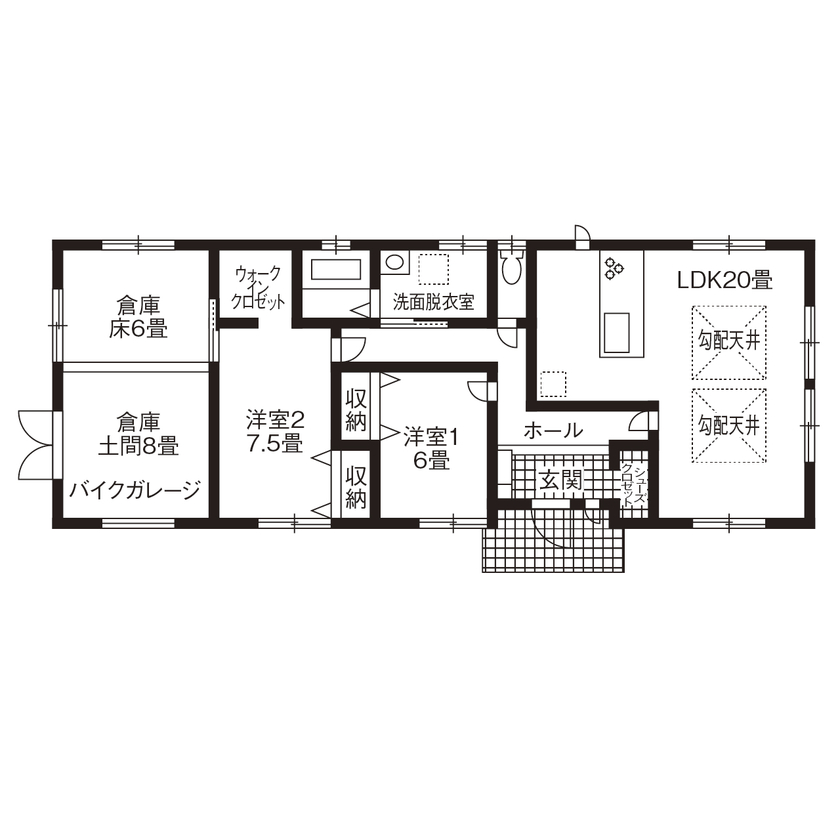 ミラクルホーム 【平屋/バイクガレージ/間取り図有】北欧風のLDKとアメリカンのバイクガレージ、2人で担当を分けてデザインの間取り図（２LDK+バイクガレージ）１階