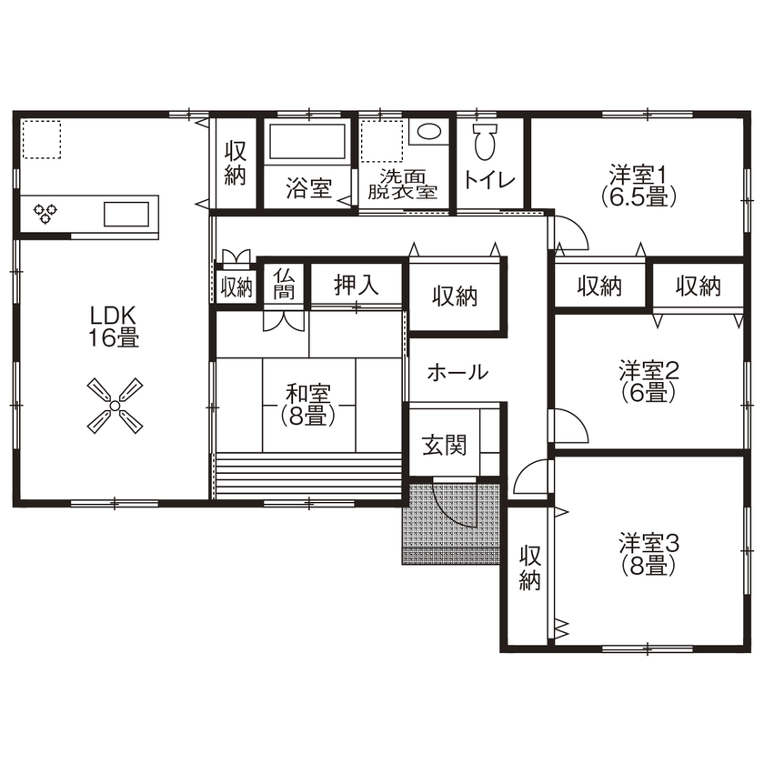 ミラクルホーム 【平屋/間取り図有】暮らしていたから良さを知っている平屋に建て替え。開放的で使いやすいLDK+和室の間取り図（4LDK）１階