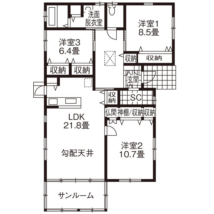 ミラクルホーム 【平屋/サンルーム/間取り図有】仲間が集いワイワイ楽しめる広いリビング。バリアフリーで暮らしやすいの間取り図（3LDK＋サンルーム）1階