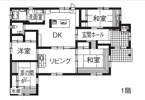 リソーケンセツ 【30坪台/間取り図あり/平屋】木の香りに包まれながら、広々としたリビングで人が集まる住まいの間取り図（4LDK）1階