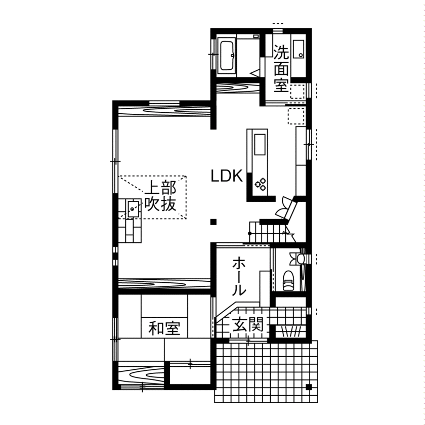 リソーケンセツ 【2000万円台/30坪台/間取り図あり/吹抜け】対面キッチンや広い洗面台で子育てしやすい和モダンな家の間取り図（4LDK）１階
