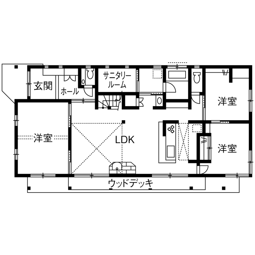 リソーケンセツ 【2000万円台/40坪台/間取り図あり/平屋＋ロフト】吹抜けの大空間に広がる無添加無垢の心地よさの間取り図（3LDK+ロフト）1階