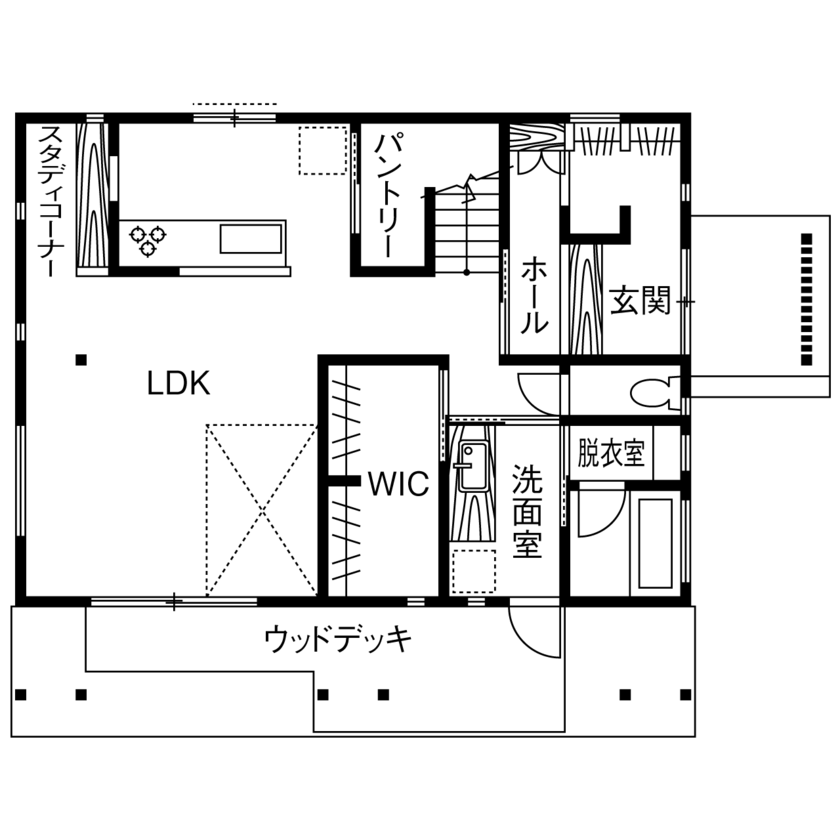 リソーケンセツ 【3000万円台/40坪台/間取り図あり/薪ストーブ】こだわりの自然素材と緩やかな対応力で選んだ家づくりの間取り図（3LDK）1階
