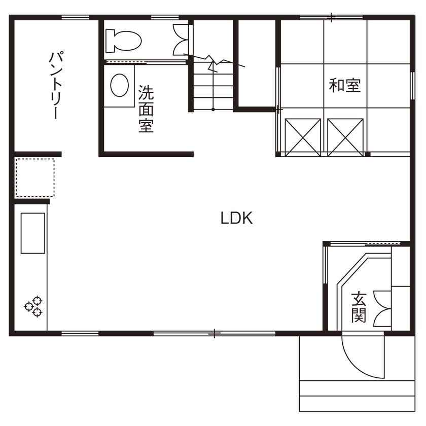 リソーケンセツ 【2000万円台／30坪台／間取り図あり／吹き抜け】無添加無垢の素材で実現した家族の一体感を大切にした家の間取り図（3LDK）1階