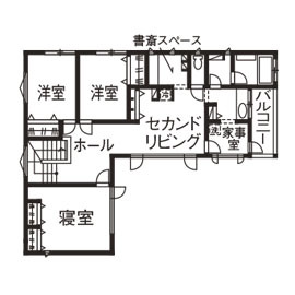 栃木建築社 【約56坪/2階建/3人家族】素材を生かした空間設計。リゾートコテージのような癒やしの住まいの間取り図（4LDK）2階