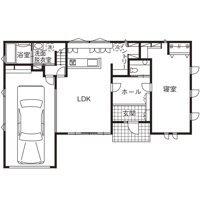 栃木建築社 【約51坪/2階建】愛車との暮らしを満喫！魅せるガレージハウスの間取り図（3LDK）1階