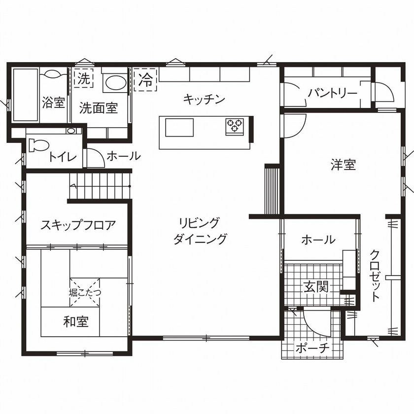 ノーブルホーム 【2000～2500万円／28坪】光と風が心地よい勾配天井、将来を見据えた平屋の住まいの間取り図（2LDK）1階