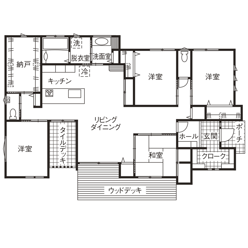 ノーブルホーム 勾配天井の開放感が心地よいカリフォルニアスタイルの家の間取り図（4LDK）1階