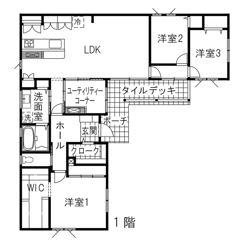 ノーブルホーム アメリカ西海岸の雰囲気漂うカリフォルニアスタイルの平屋の間取り図（3LDK）1階