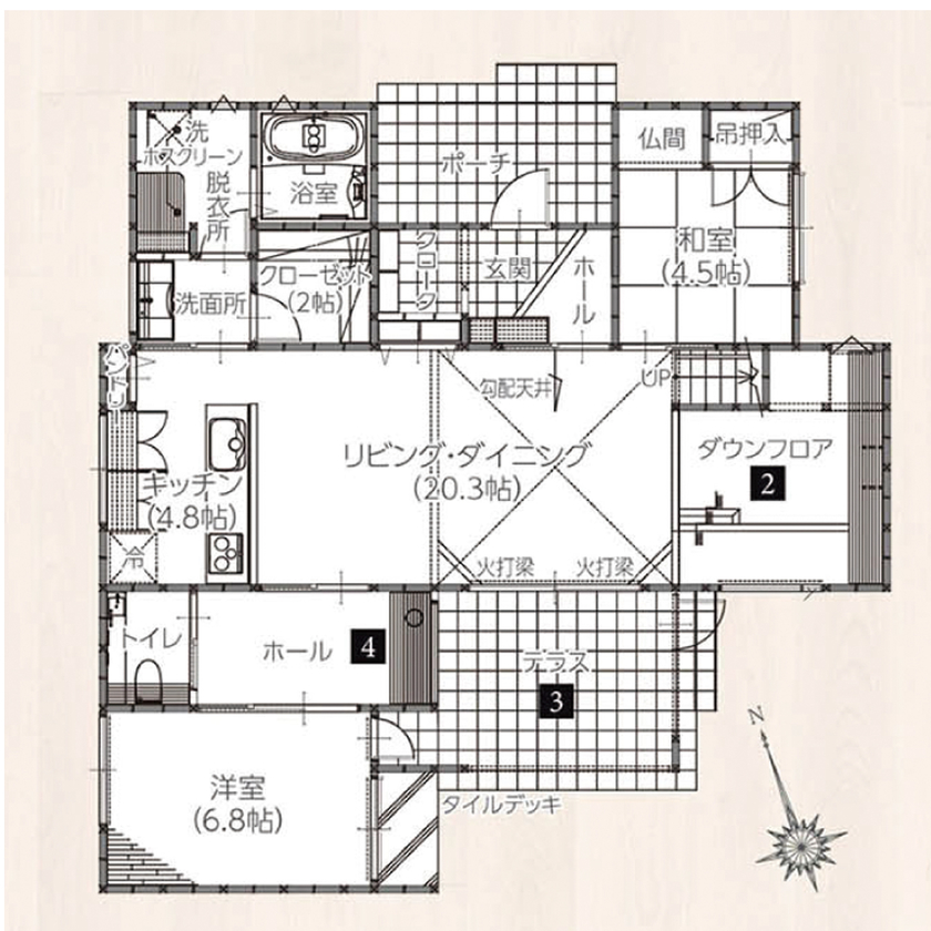 ノーブルホーム 【2500万円～/吹き抜け/ダウンフロア/ペットと暮らす/省エネ】愛猫と暮らす1.5階平屋の間取り図（2LDK+小屋裏収納）１階