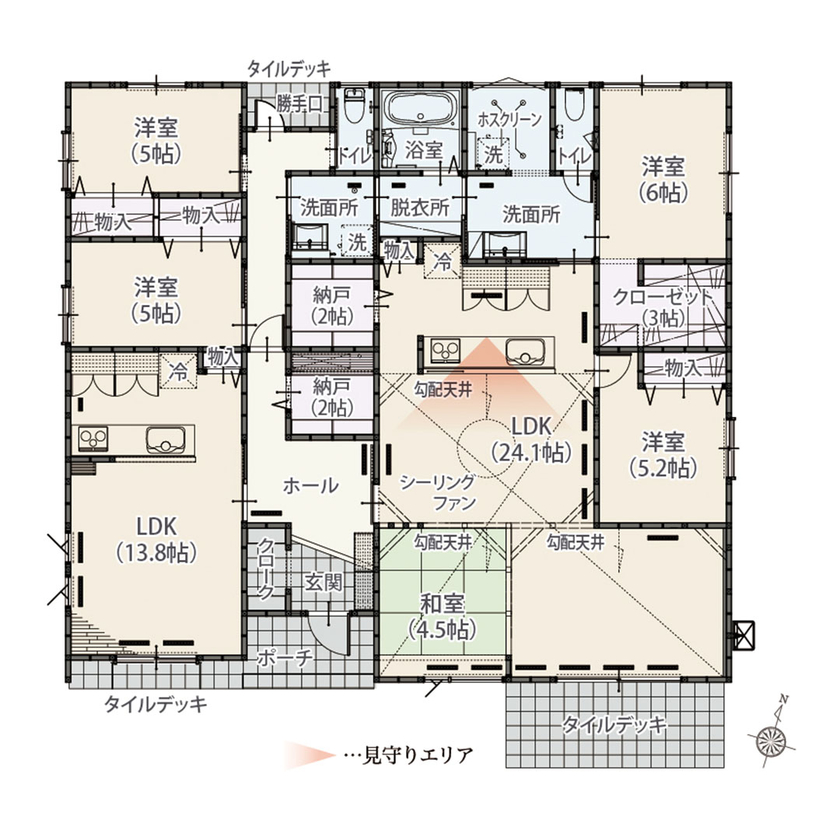 ノーブルホーム 【2世帯/4LLDDKK/48坪】自然エネルギーで暮らす、プライバシーを考慮した部分共有型2世帯の平屋の間取り図（2LDK+2LDK）1階