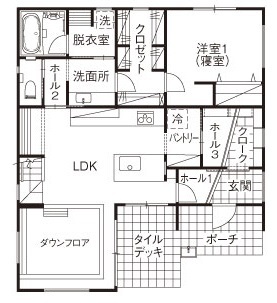 ノーブルホーム 柔軟な提案力で実現。人も猫も快適に過ごす平屋＋αの家の間取り図（4LDK）1階