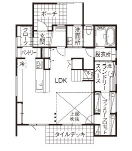 ノーブルホーム 美しさと住みやすさを併せ持つ、子育てしやすい家事楽の家の間取り図（3LDK）1階